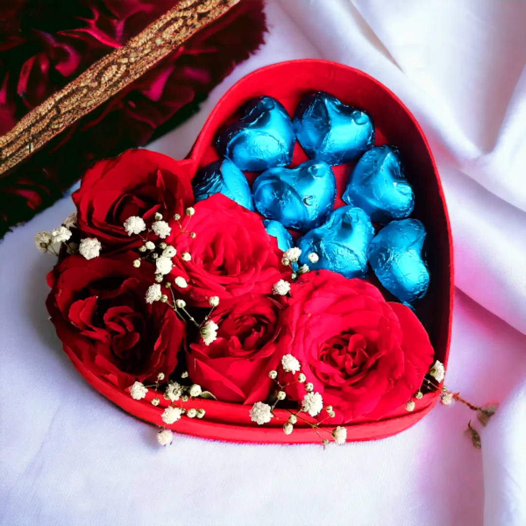 Gourmet Chocolates with Roses in Heart Gift Box | Elegant Romantic Ensemble