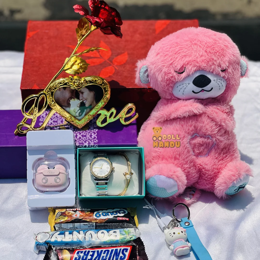 Charming Essentials Gift Combo : Breathing Doll, Watch with Bracelet, Chocolate, Rose, and Key Ring