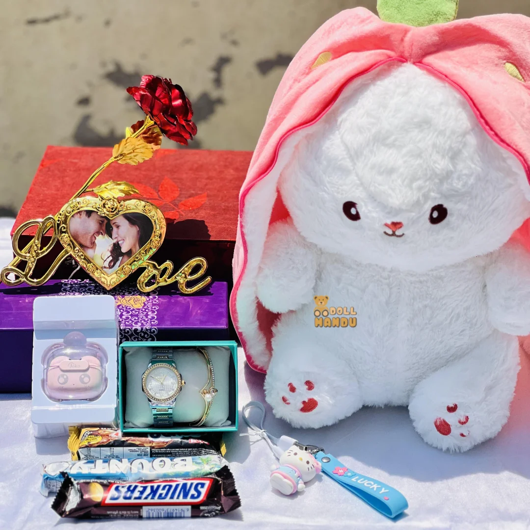 Complete Gift Collection Combo : Rabbit Plush, Chocolate, Earbuds, Rose, Watch & Bracelet