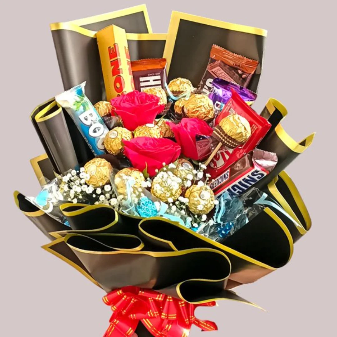 Luxurious Delight: Fresh Roses and Premium Chocolates Bouquet | Elegant Gift Ensemble