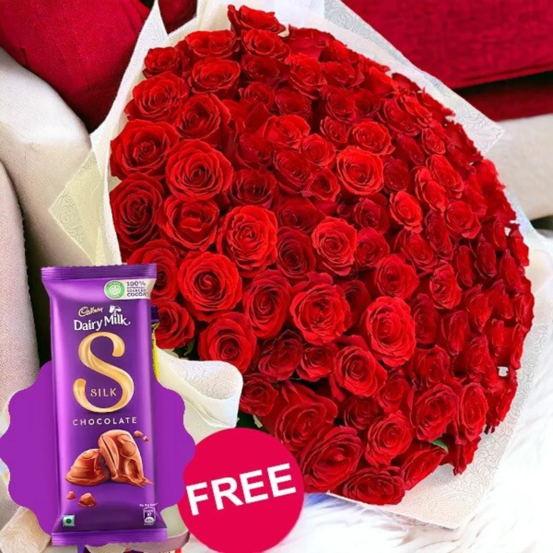 100 Long Stem Red Roses with Free Cadbury Silk Chocolate