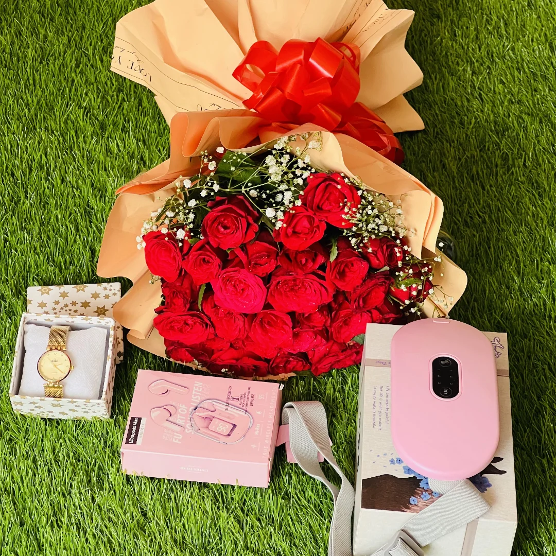 Blooms & Beats Gift Set: Roses, Earbuds, Cramp Relief, Watch Combo