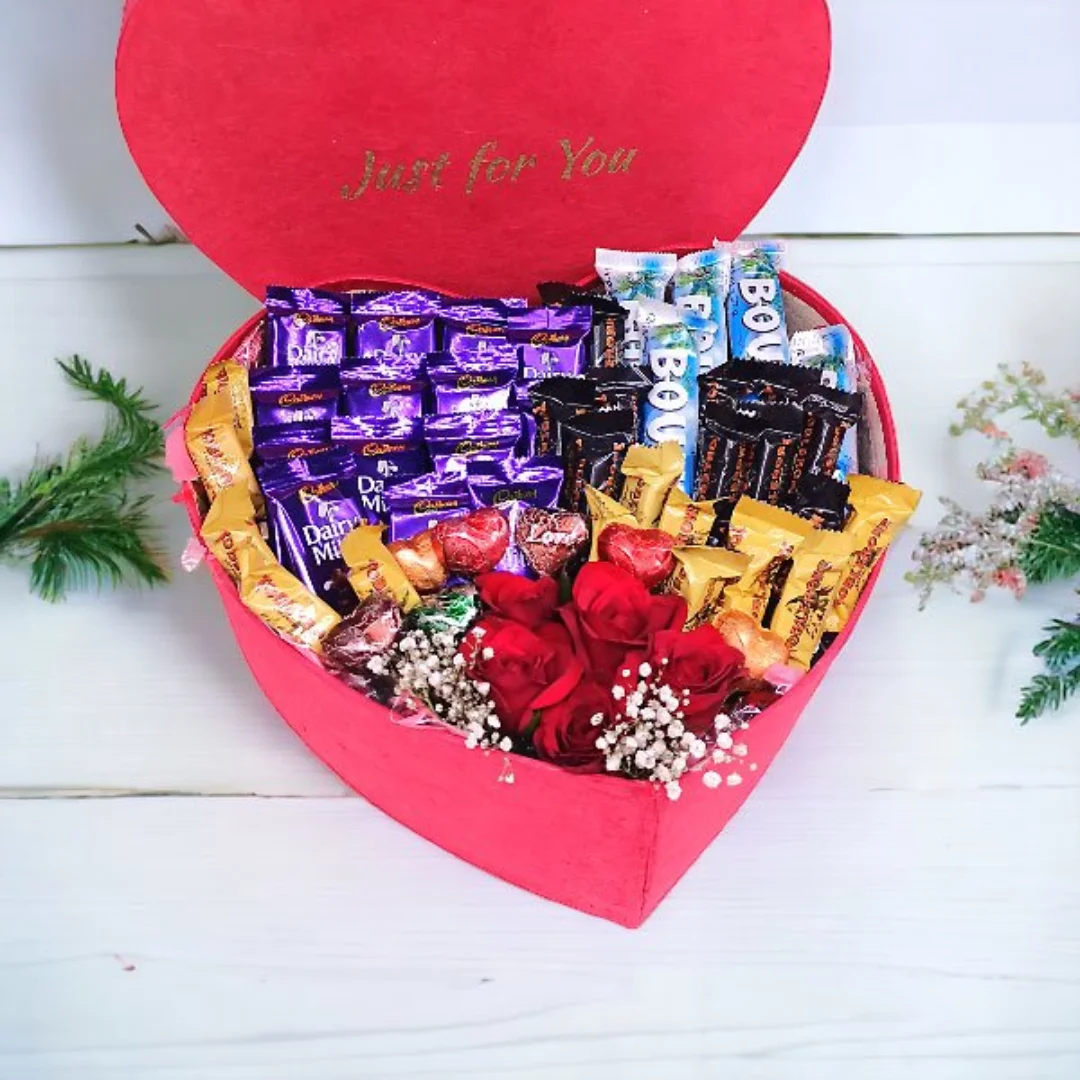 Heart Box Filled with Delightful Chocolates and Roses Combo | Romantic Gift Ensemble